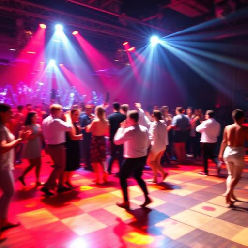 Dynamische foto van een dansvloer vol energie tijdens een bedrijfsfeest