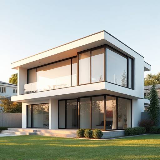 Een architectonische opname van een modern woonhuis met grote ramen en een strakke lijn.