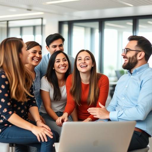 Een groep collega's die lachend een teamfoto maken in een modern kantoor.