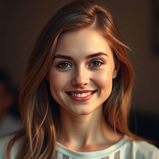 Een portret van een jonge vrouw met zachte belichting, lachend naar de camera.