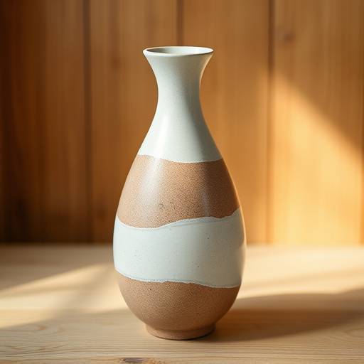 Een stijlvolle productfoto van een handgemaakte keramische vaas op een houten achtergrond.
