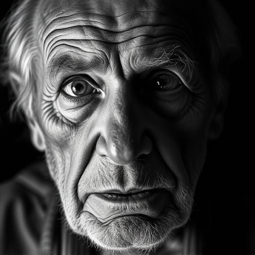 Krachtig zwart-wit portret van een oudere man met diepe rimpels