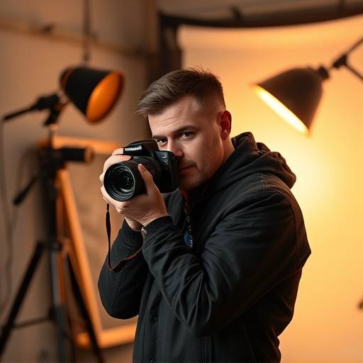 Studiofotograaf belicht onderwerp in het atelier van Licht & Schaduw Fotostudio